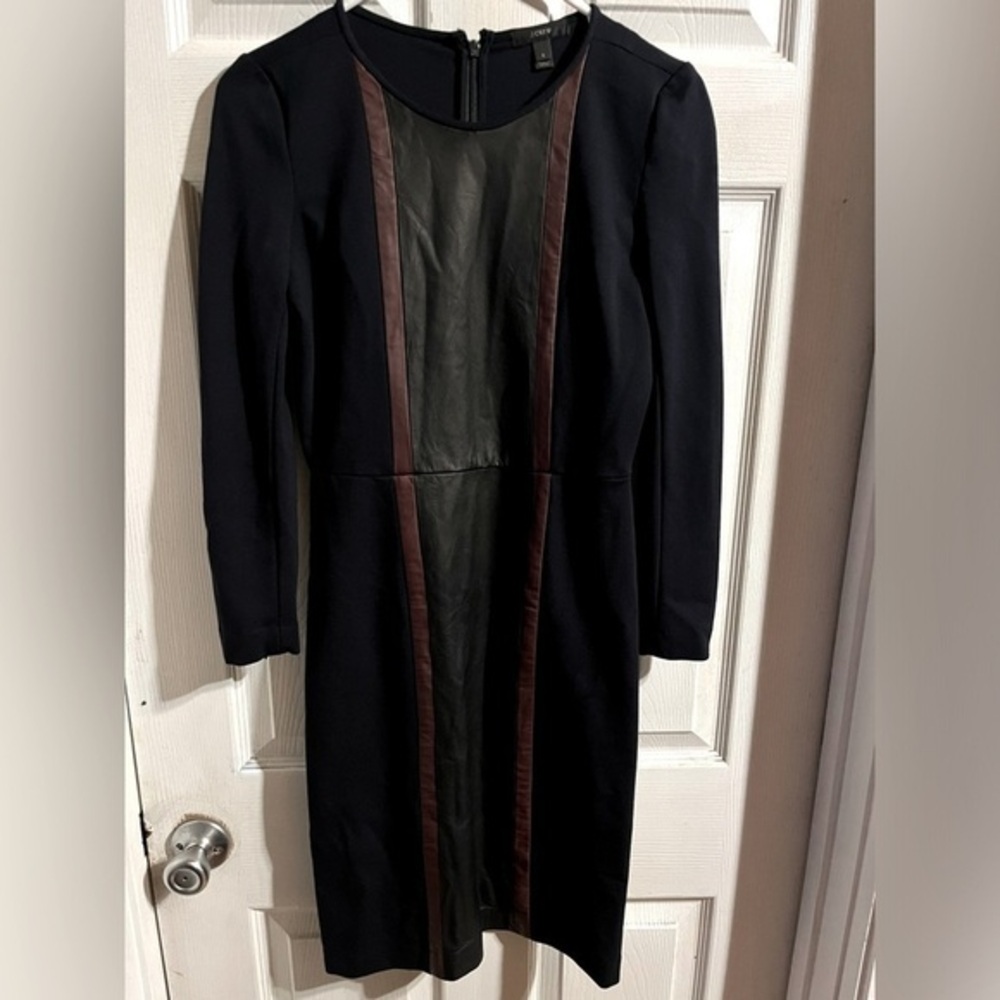 J.Crew Navy Blue Black Leather Sheath Panel Dress Size 2 Stretch Bikercore